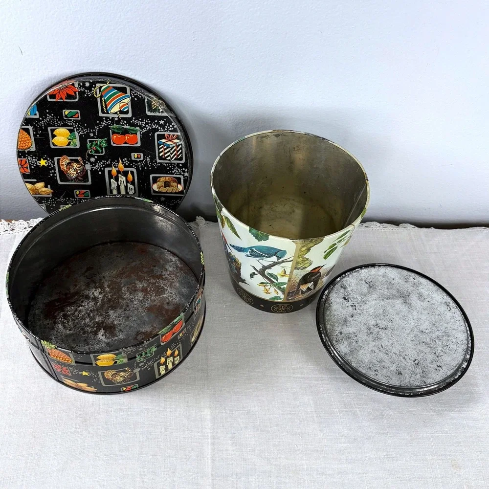 Vintage Made in England Metal Tin Set Holiday Turkey & Botanical Bird Canister